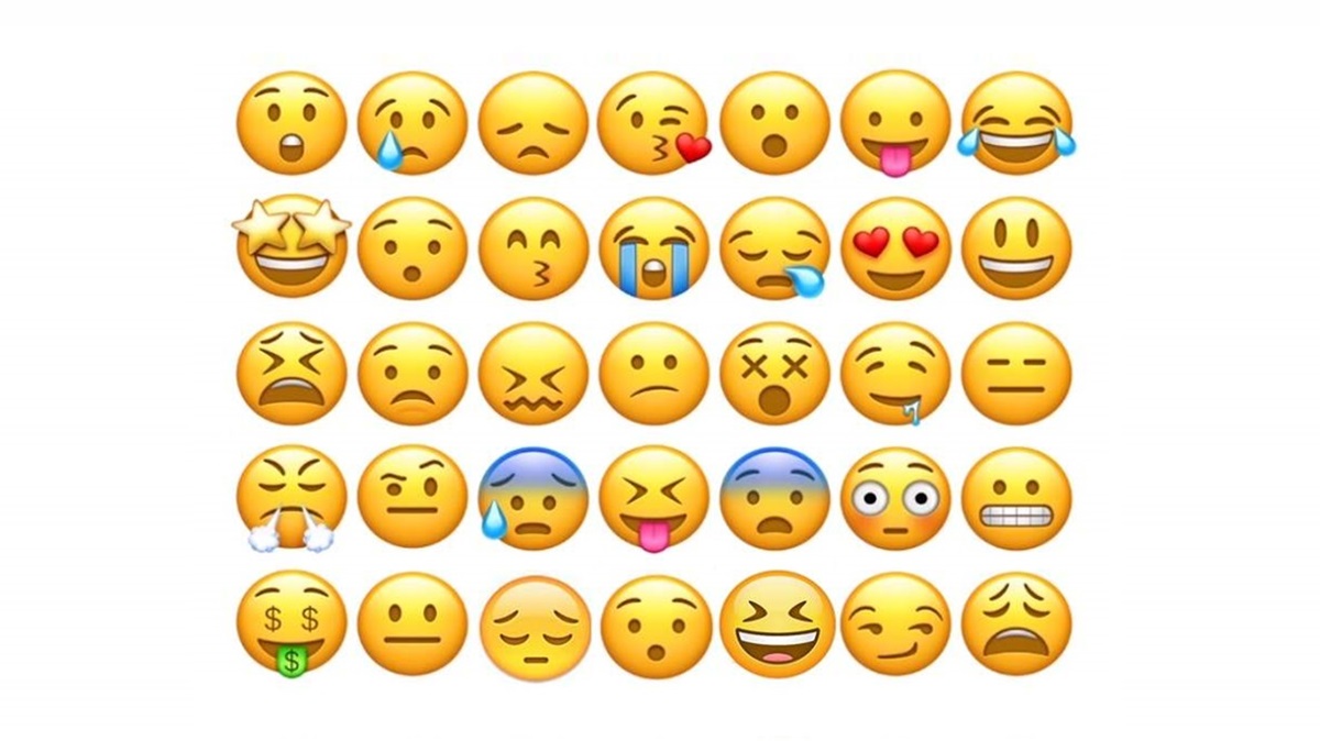Ilustração colorida com uma grade de emojis expressando várias emoções, para um desafio visual de encontrar os emojis iguais.