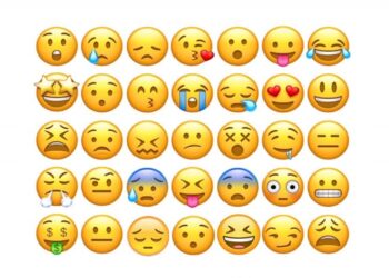 Desafio visual com ilustração colorida com uma grade de emojis expressando várias emoções, para um desafio visual de encontrar os emojis iguais.