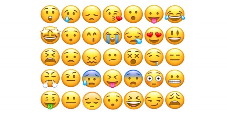 Desafio visual com ilustração colorida com uma grade de emojis expressando várias emoções, para um desafio visual de encontrar os emojis iguais.