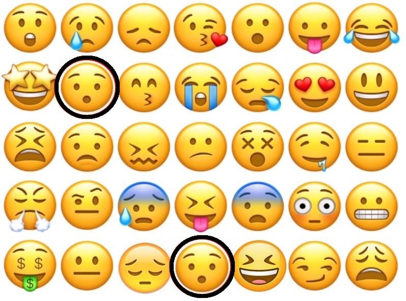 Solução do desafio visual com ilustração colorida com uma grade de emojis expressando várias emoções, para um desafio visual de encontrar os emojis iguais.