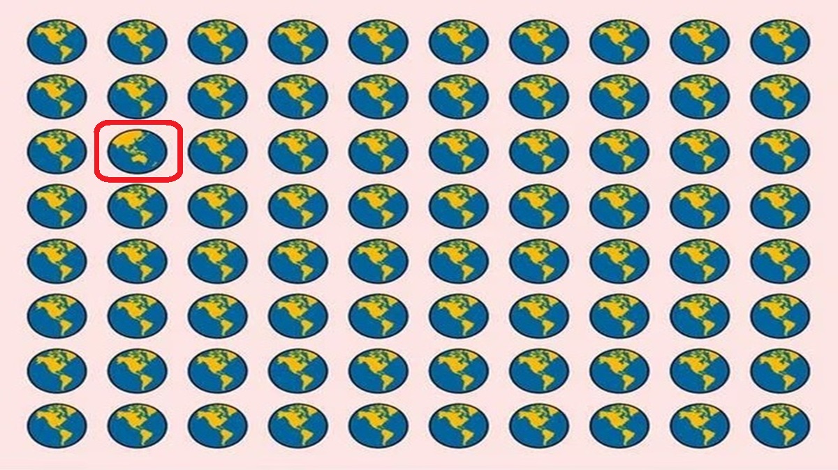 Desafio visual com várias ilustrações do Planeta Terra com uma pequena variação em apenas uma delas.