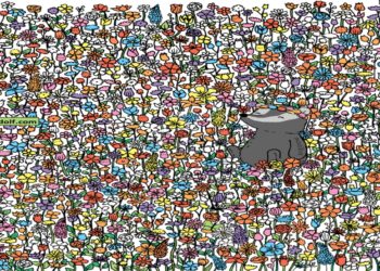 Desafio visual com um urso e várias flores coloridas, escondendo borboletas entre elas.