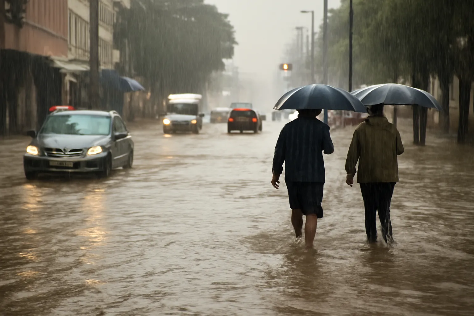 Pessoas caminhando em rua alagada com guarda-chuvas durante chuva forte.