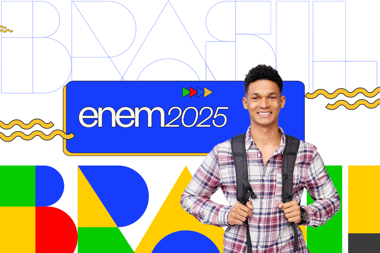 Jovem estudante sorridente com mochila, preparado para o Enem 2025, sobre fundo colorido e moderno com texto Enem 2025