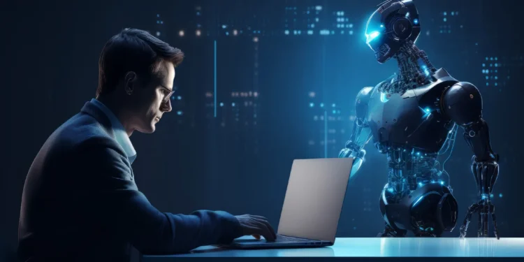Homem de negócios e robô futurista interagindo em escritório moderno