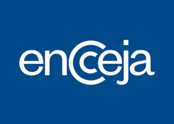 Logo do Encceja, com o nome do exame em letras brancas sobre fundo azul.