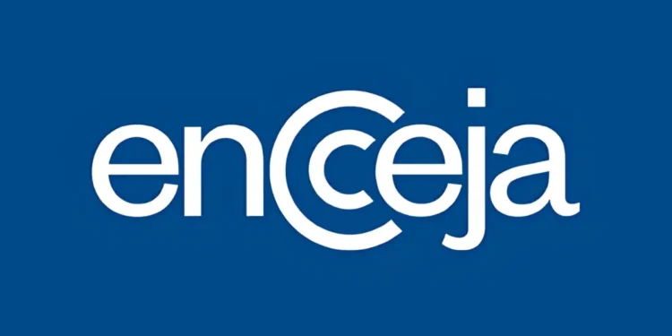 Logo do Encceja, com o nome do exame em letras brancas sobre fundo azul.