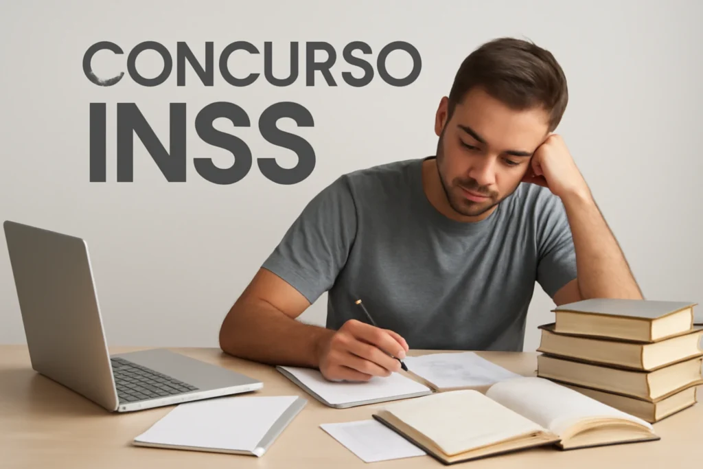 Jovem concentrado estudando para o concurso do INSS com livros, caderno e laptop