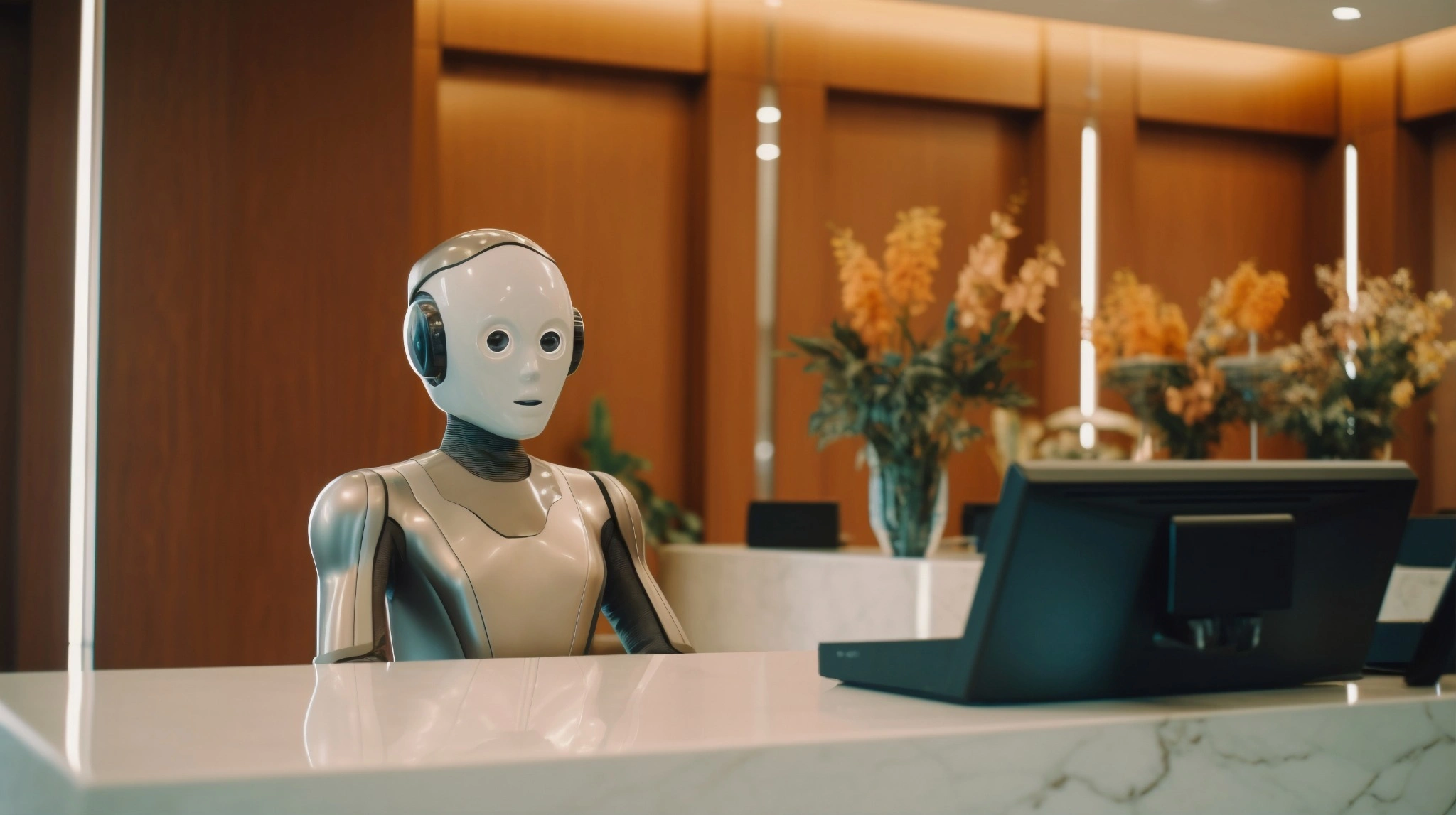 Robô com design futurista atendendo em uma recepção corporativa moderna
