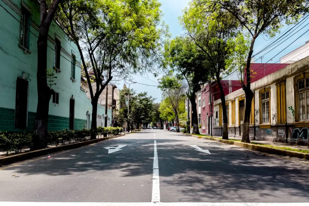 Vista de uma ruazinha arborizada com casas coloridas ao longo da calçada