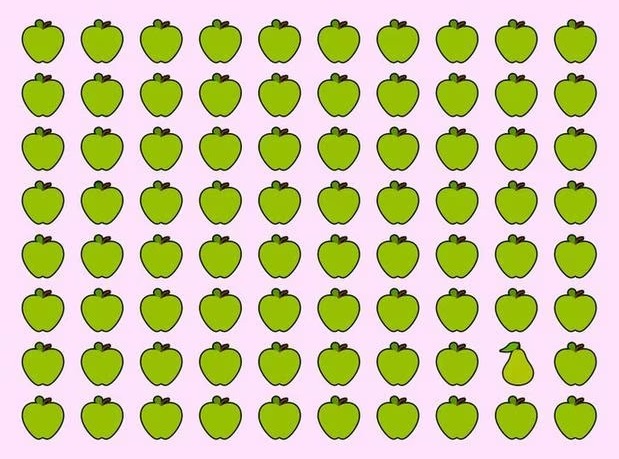 Desenho com várias maçãs verdes organizadas em fileiras sobre fundo rosa claro, com uma pera entre elas.