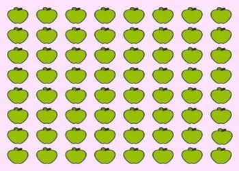 Teste de QI com várias maçãs verdes organizadas em fileiras sobre fundo rosa claro, com uma pera entre elas.