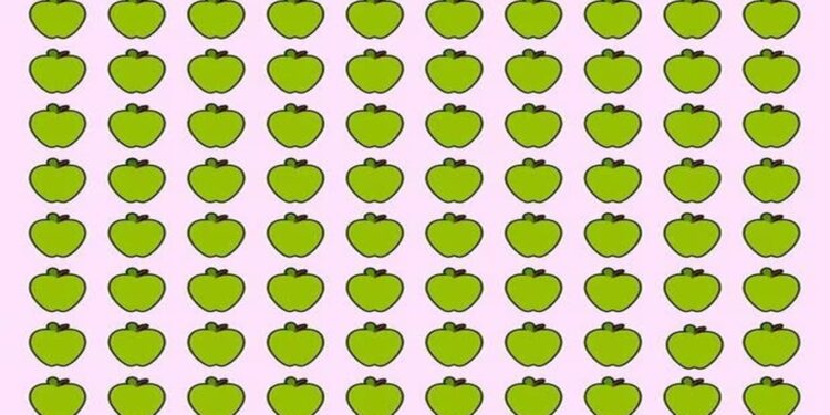 Teste de QI com várias maçãs verdes organizadas em fileiras sobre fundo rosa claro, com uma pera entre elas.