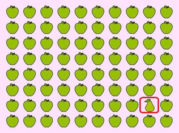 Solução do teste de QI com várias maçãs verdes organizadas em fileiras sobre fundo rosa claro, com uma pera entre elas.