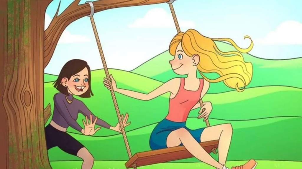 Ilustração de duas meninas brincando no balanço em um campo verde com um erro escondido