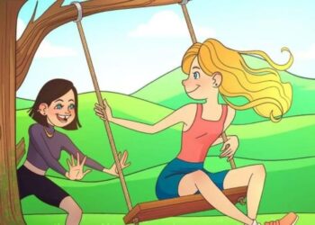 Teste de QI com uma ilustração de duas meninas brincando no balanço em um campo verde com um erro escondido