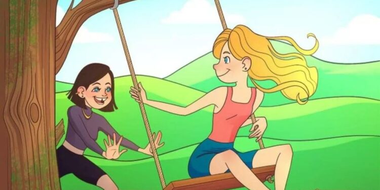 Teste de QI com uma ilustração de duas meninas brincando no balanço em um campo verde com um erro escondido