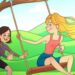 Teste de QI com uma ilustração de duas meninas brincando no balanço em um campo verde com um erro escondido