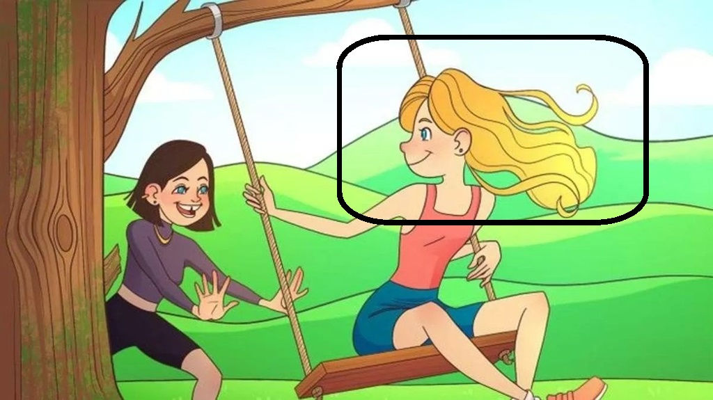 Solução do teste de QI com uma ilustração de duas meninas brincando no balanço em um campo verde com um erro escondido