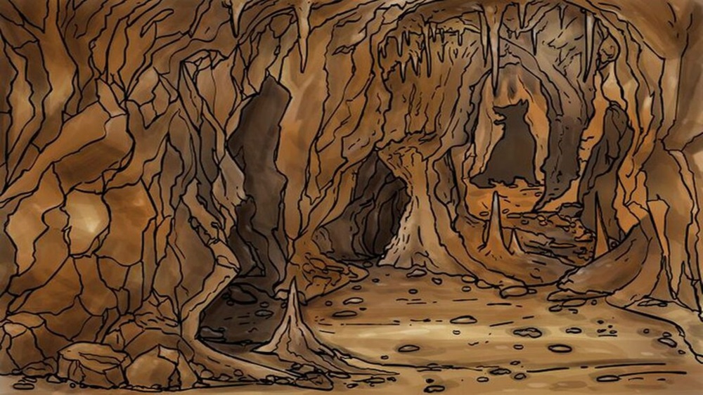 Caverna rochosa com formação de estalactites e estalagmites, contendo a silhueta escondida de um lobo entre as pedras.