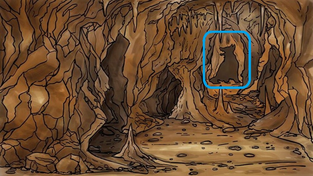 Solução do teste de QI com uma caverna rochosa com formação de estalactites e estalagmites, contendo a silhueta escondida de um lobo entre as pedras.