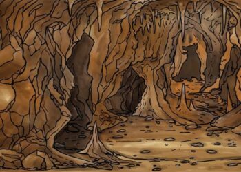Teste de QI com uma caverna rochosa com formação de estalactites e estalagmites, contendo a silhueta escondida de um lobo entre as pedras.