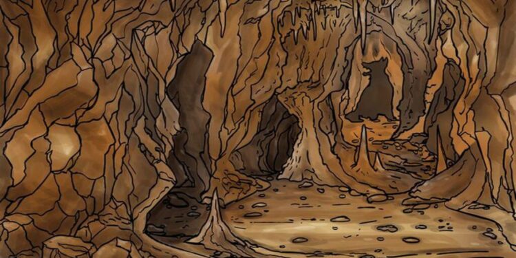 Teste de QI com uma caverna rochosa com formação de estalactites e estalagmites, contendo a silhueta escondida de um lobo entre as pedras.