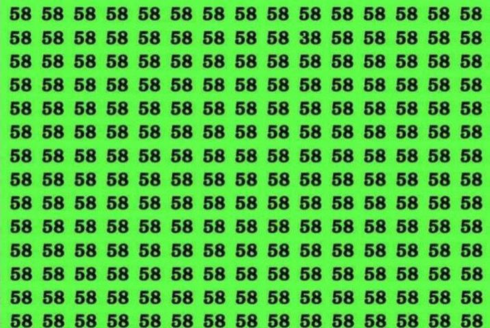 Imagem com múltiplos números 58 em fundo verde, com um número 38 camuflado entre eles.