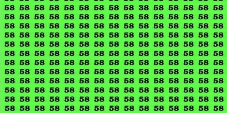 Teste de QI com múltiplos números 58 em fundo verde, com um número 38 camuflado entre eles