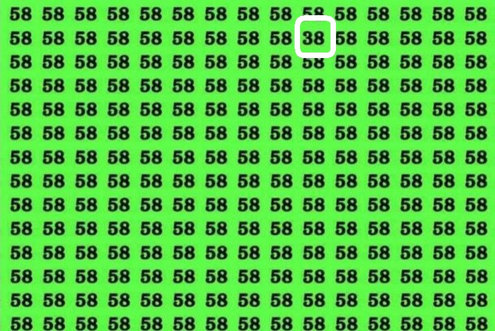 Solução do teste de QI com múltiplos números 58 em fundo verde, com um número 38 camuflado entre eles