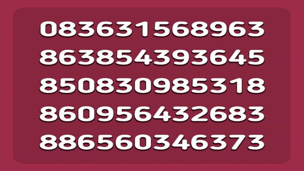 Imagem com cinco linhas de números em destaque branco sobre fundo vermelho, com o desafio de encontrar o número 838
