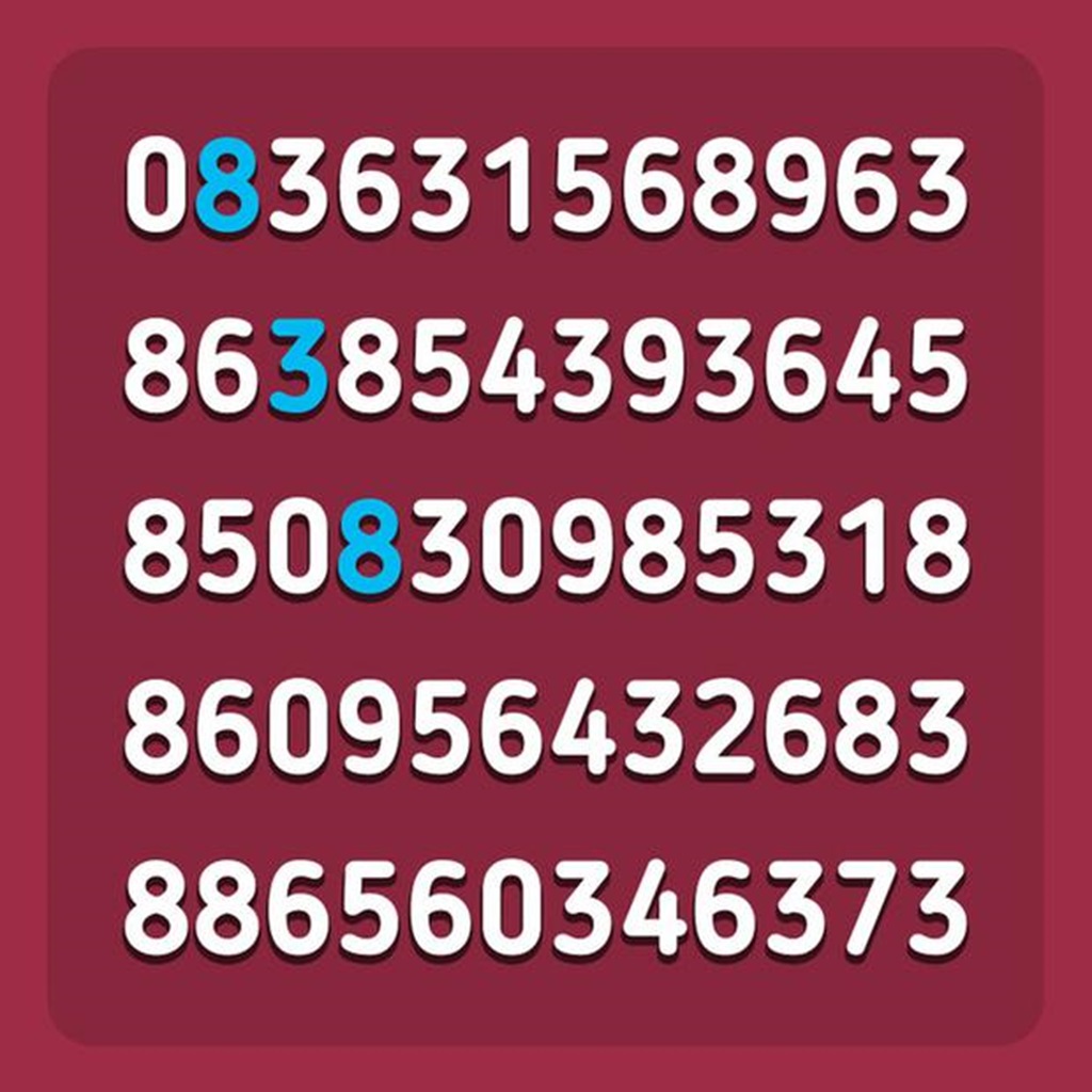 Solução do teste de QI com cinco linhas de números em destaque branco sobre fundo vermelho, com o desafio de encontrar o número 838