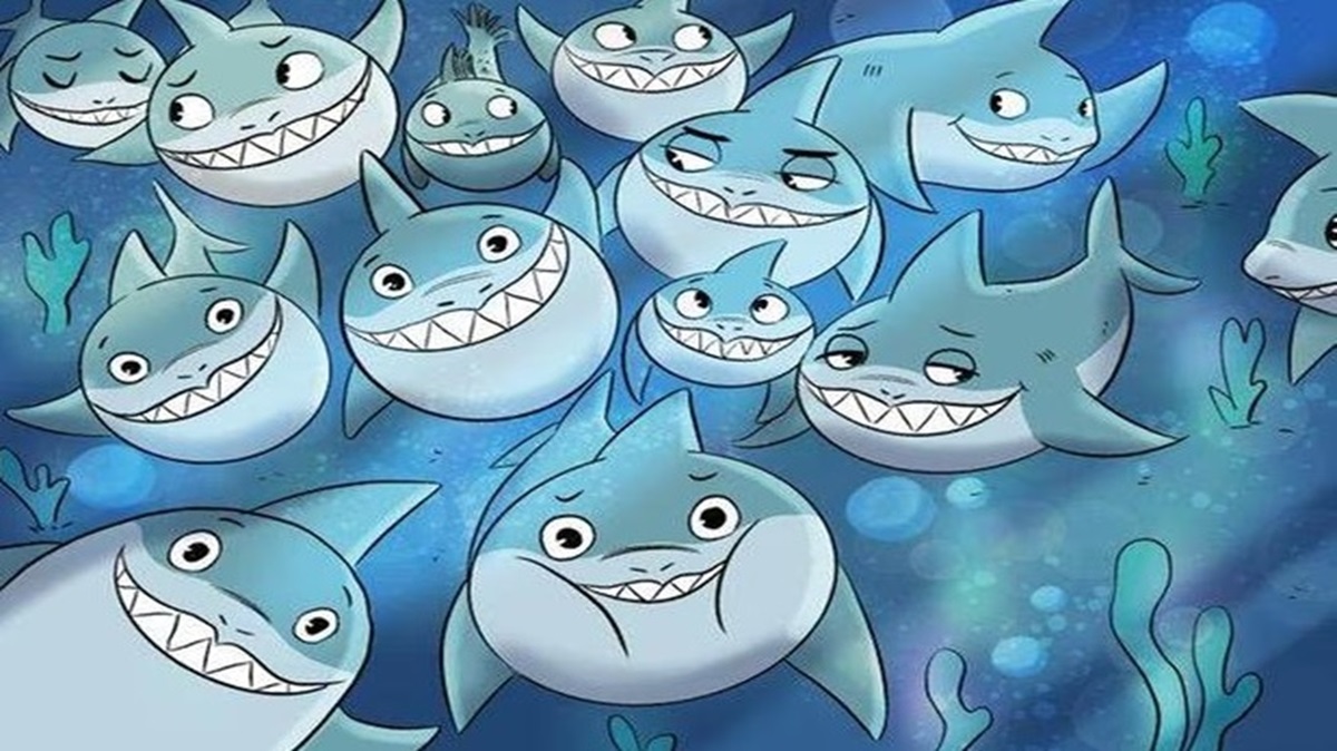 Desenho de vários tubarões com rostos engraçados nadando no fundo do mar, com um peixe escondido entre eles.