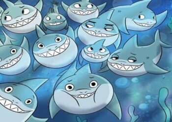 Teste de QI com desenho de vários tubarões com rostos engraçados nadando no fundo do mar, com um peixe escondido entre eles.