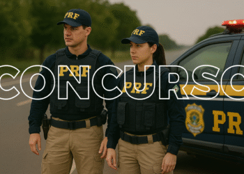 Dois agentes da PRF uniformizados ao lado da viatura oficial