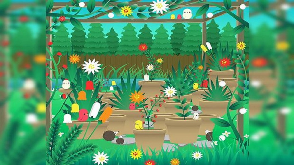 Desafio visual de um jardim com flores e pequenos animais, incluindo passarinhos e um cachorro, escondido entre plantas e vasos.