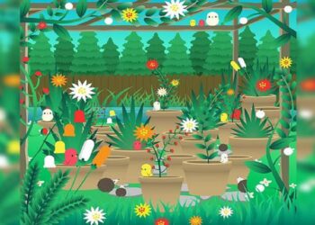 Desafio visual de um jardim com flores e pequenos animais, incluindo passarinhos e um cachorro, escondido entre plantas e vasos.