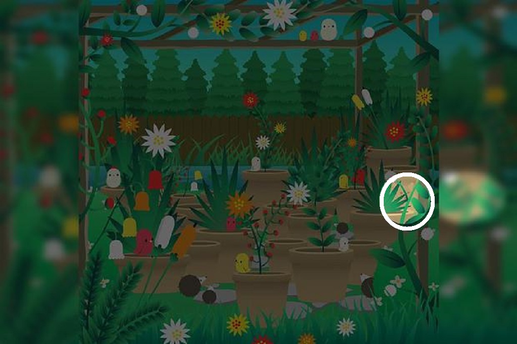 Desafio visual de um jardim com flores e pequenos animais, incluindo passarinhos e um cachorro, escondido entre plantas e vasos.