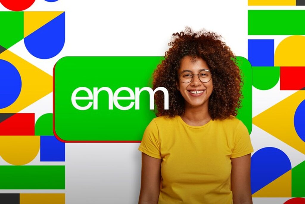 Pessoa sorridente com fundo colorido e logo do Enem