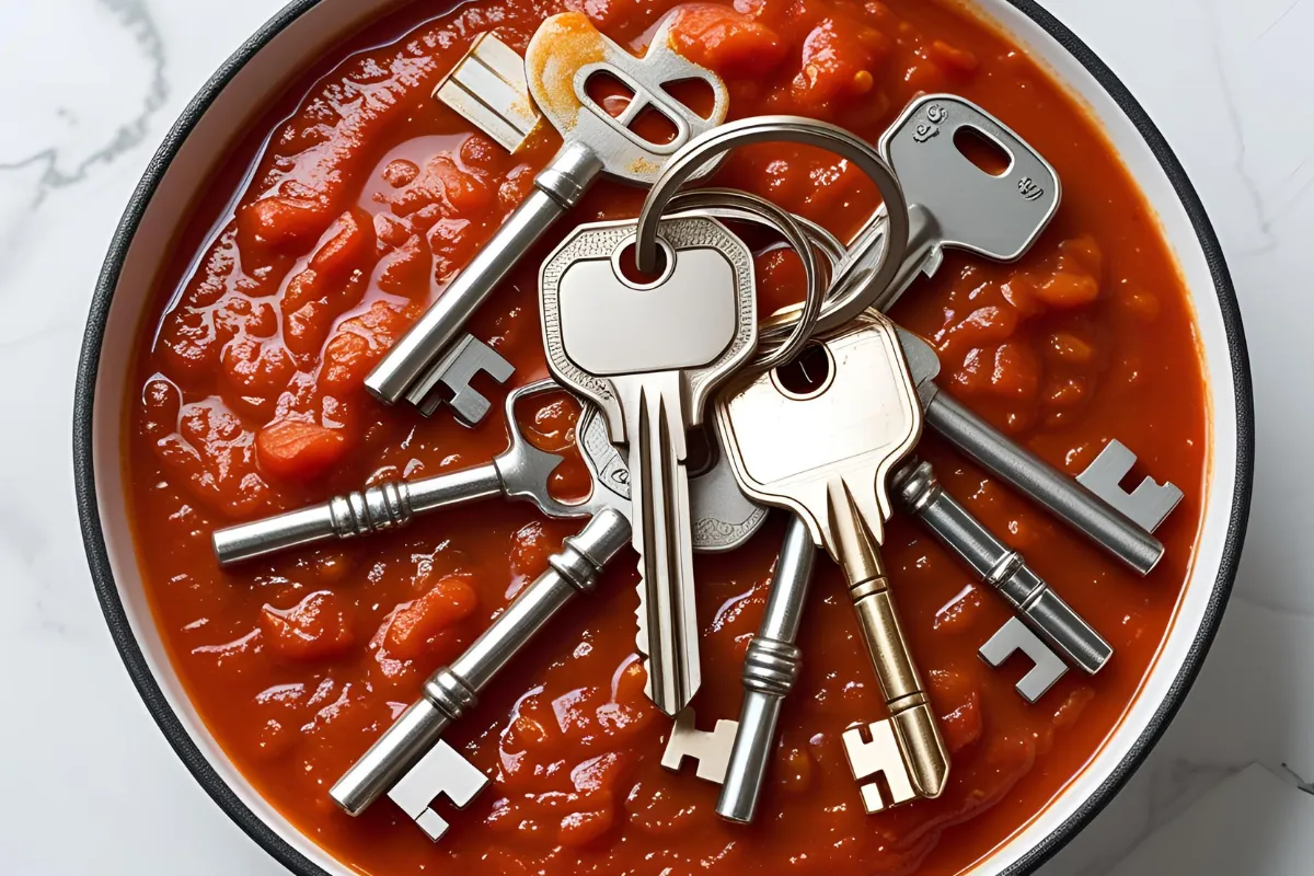  Uma mistura inusitada de chaves mergulhadas em molho de tomate, mostrando diversos tipos de chaves de metal.