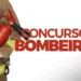 Bombeiro com extintor ao lado da chamada para concurso público.