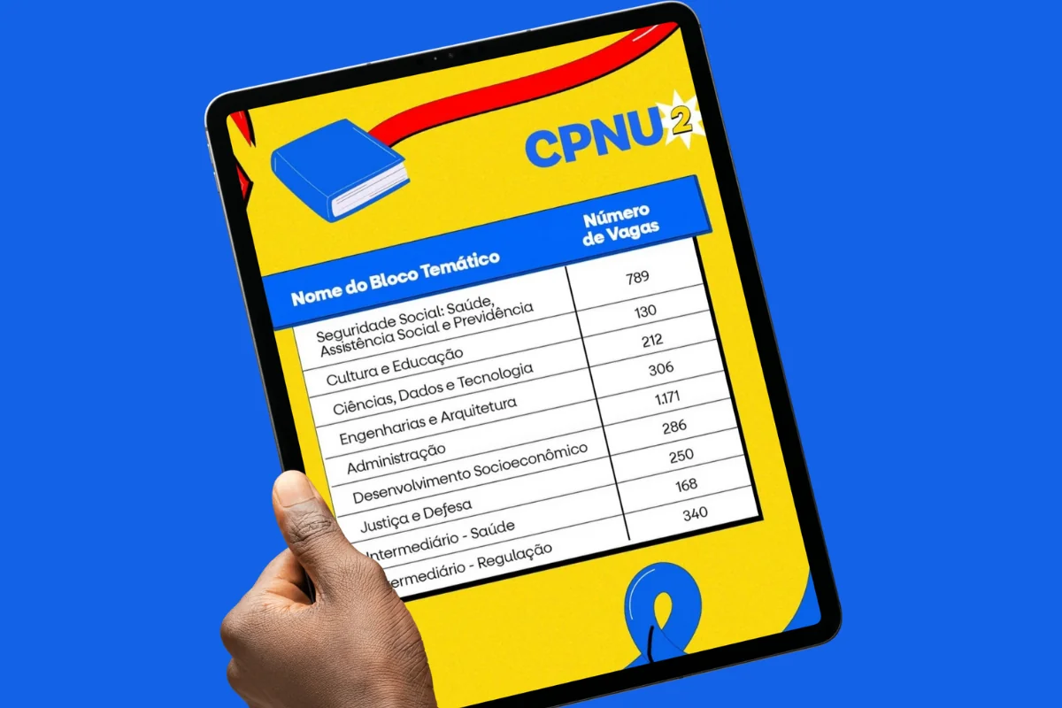 Tabela de blocos temáticos e número de vagas do CNU 2025 exibida em tablet.