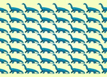 Desafio visual com fileiras de dinossauros azuis, um deles é diferente dos demais