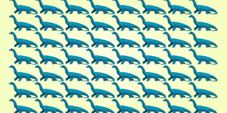 Desafio visual com fileiras de dinossauros azuis, um deles é diferente dos demais