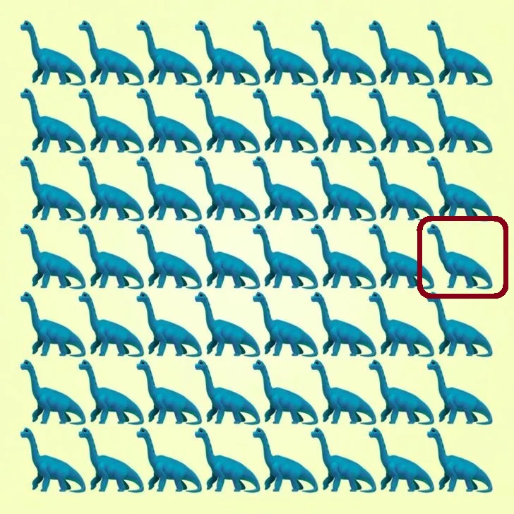 Desafio visual com fileiras de dinossauros azuis, um deles é diferente dos demais