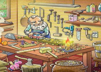 Desafio visual com imagem de um carpinteiro e vários detalhes para encontrar diferenças.