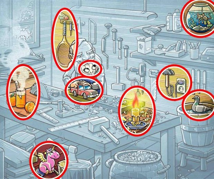 Solução do desafio visual com imagem de um carpinteiro e vários detalhes para encontrar diferenças.