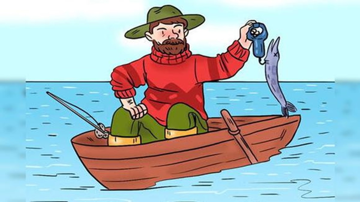 Desafio visual com uma ilustração de pescador barbudo em um barco, pesando um peixe agulha com uma balança