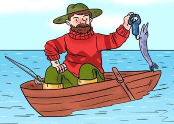 Desafio visual com uma ilustração de pescador barbudo em um barco, pesando um peixe agulha com uma balança