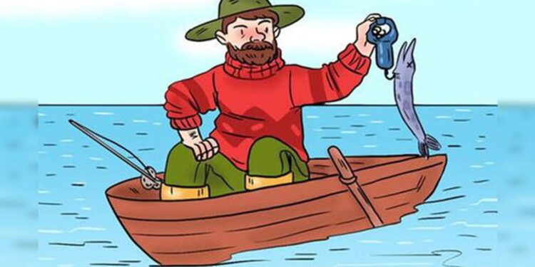 Desafio visual com uma ilustração de pescador barbudo em um barco, pesando um peixe agulha com uma balança